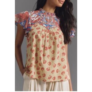 FARM Rio Beige Floral Yoke Blouse with Red and Blue Accents